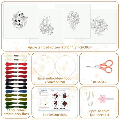 BEUNITONE 4 Set Halloween Skull Embroidery Kit for Beginners Include Hoops - color: 02-Halloween Rose