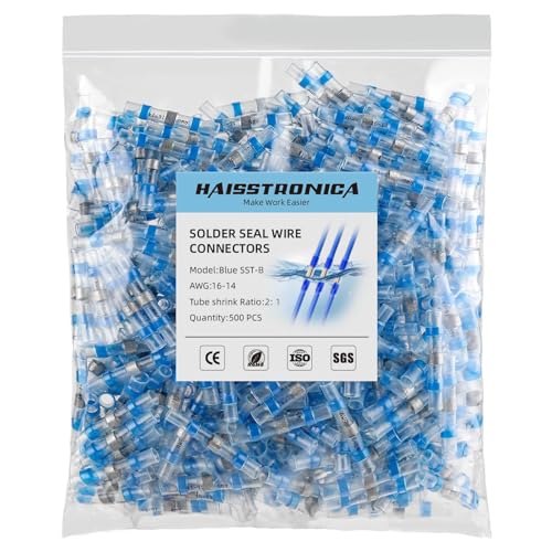 haisstronica 500PCS Solder Seal Wire Connectors, AWG 16-14 Blue Sleeves - size: AWG 16-14 Blue