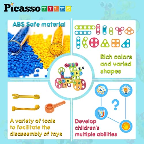 PicassoTiles 115 Piece Building Blocks Set Kids STEM Toy Construction Engineering Sensory Toys Kit Block Children Early Education Playset with FREE IdeaBook, Clickable Ratchet Age 3+ Boys Girls PTN115 - color: 115pcs Transformation