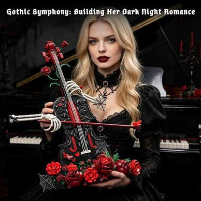 Gothic Cello Building Set Compatible with Lego, Rose Skeleton Art Model