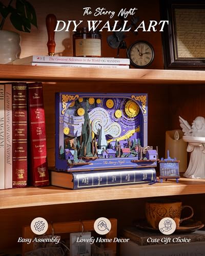 Rowood Starry Night 3D Puzzles for Adults,Mother's Day DIY Wooden Vincent Van Gogh Painting Artwork Craft Kit Building Set with LED,Home Decor Botanical Collection Gift for Family on Christmas - style: The Starry Night