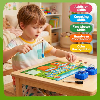 Magnetic Fishing Math Game for Kids 3-5, Montessori Counting Toy with Dice Poppers, Preschool Math Manipulatives Board Game, Addition and Subtraction Dice Game for Homeschool Classroom - style: Blue