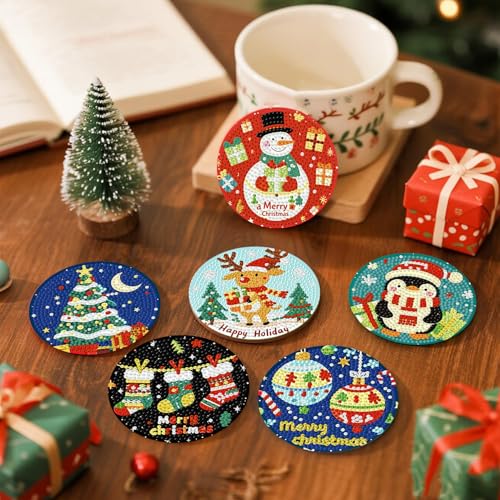 8 Pcs Christmas Diamond Art Coasters with Holder Cork Pads - color: Christmas B Coasters