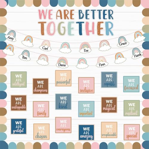 QOUBAI Boho Affirmation Station Bulletin Board Set Motivational Together We are Better Bulletin Board Inspirational Positive Sayings Cutouts Classroom Decor for Back to School Decor Wall Door - style: Boho Affirmation Station