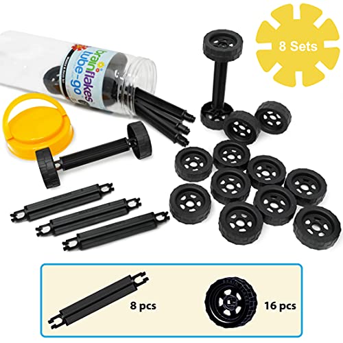 Brain Flakes 16 Wheels and 8 Axles Tube-Go Set Add-On Travel Kit - Build Cars, Trucks, Anything that Spins - Compatible Brand Discs - A Great STEM Toy