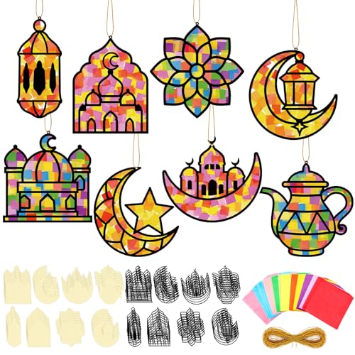 DoubleFill 48 Pcs 36 Sets Suncatchers Crafts Kit DIY Tissue Paper Suncatchers Craft Kit DIY Ornaments for Window Art (Ramadan) - style: Ramadan