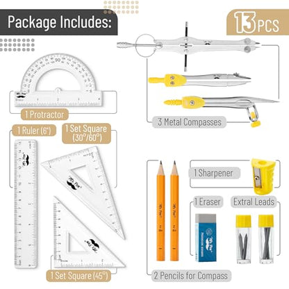 Mr. Pen- Geometry Set, 13 pcs, 3 Metal Compasses, Protractor, 6" Ruler | 45° & 30°/60° Set Squares, Pencils, Lead Refills, Sharpener & Eraser for Math, Drafting & Classroom Use - color: Yellow