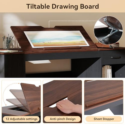 Verano Garden 55.1" Drafting Table, Craft Art Table, Computer Desk, Black - color: Black