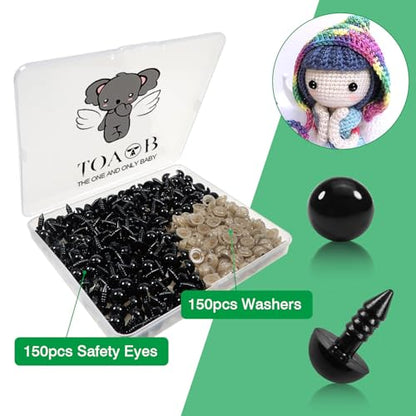 TOAOB 150pcs 10mm Black Plastic Safety Eyes Crafts Safety Eyes with 150pcs Washers for Stuffed Animals Amigurumis Crochet Doll Making - size: 10mm