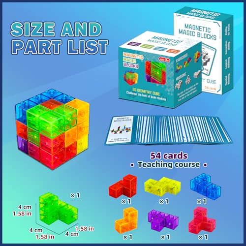 Magnetic Building Blocks, STEM Magic Magnetic 3D Puzzle Cubes, 7 Pcs Preschool Multi Shapes Magnetic Toys with 54 Cards, Montessori Sensory Autism Building Toys for Kids
