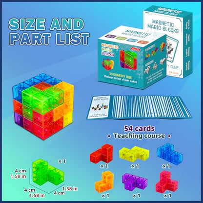 Magnetic Building Blocks, STEM Magic Magnetic 3D Puzzle Cubes, 7 Pcs Preschool Multi Shapes Magnetic Toys with 54 Cards, Montessori Sensory Autism Building Toys for Kids