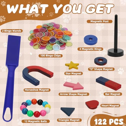 SAYAYA 122 PCS Magnetic Science Kit for Kids - Magnetic Balls, Bingo Wands with Chips, STEM Learning Set Magnet Toys for Classroom, Back to School Supplies, Educational Activities Gift for Boys Girls - size: 122 PCS