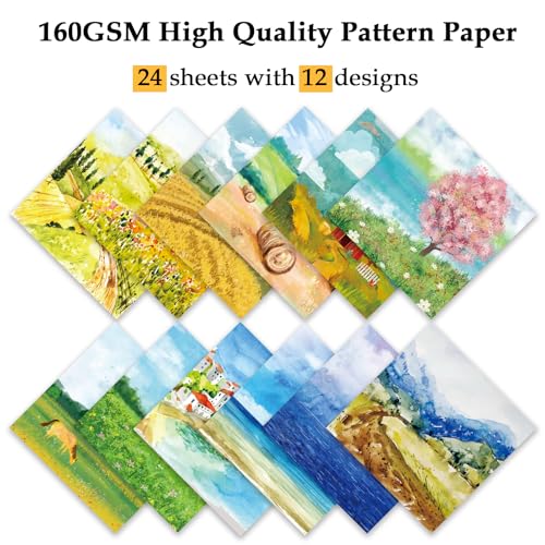 Scrapbook Paper, 24 Sheets 6"×6" 160gsm Single-Sided Patterned Cardstock - color: 24 sheets-landscape