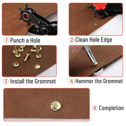 UNCO- Leather Hole Punch Tool Set with 240 Leather Rivets, Red Handle, Multi Punch Sizes, Rotary Belt Hole Puncher for Leathers, Belts, Straps, Pet Collars, Shoes, Saddles, Canvas & DIY Crafts