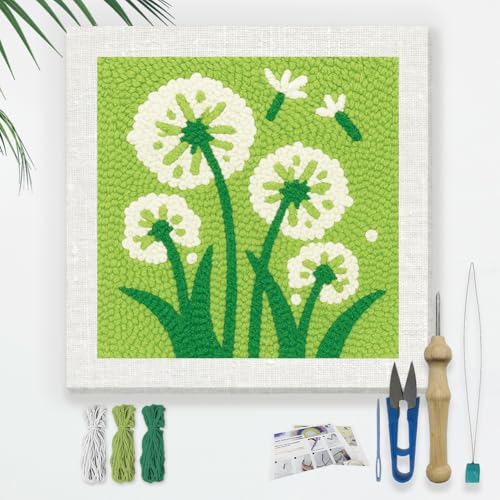 DOODLREAM Dandelion Flower DIY Punch Needle Embroidery Kit for Adult Beginner, 9.4" Green Grass Punch Stitching Craft Set for Starter with Frame, Fabric Pattern, Threader, Yarn, Pinch Needle - color: Dandelion