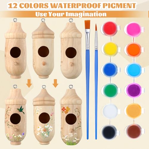 Briwooody 12 Pack Hummingbird House Wooden DIY Kit with Paint and Brushes
