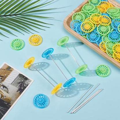 OLYCRAFT 100Pcs 3 Colors Plastic Project Wheels 1.5x0.2 Inch Shaft Round Rod Axles STEM Shaft Plastic Wheels and Steel Axles for DIY Projects Car Truck Boat Model Part Building Projects
