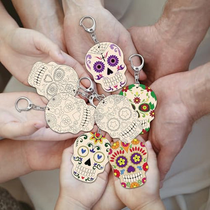 Trnayi 36 Pcs Day of The Dead Wood Keychain Color Your Own DIY Craft - style: Day of the Dead