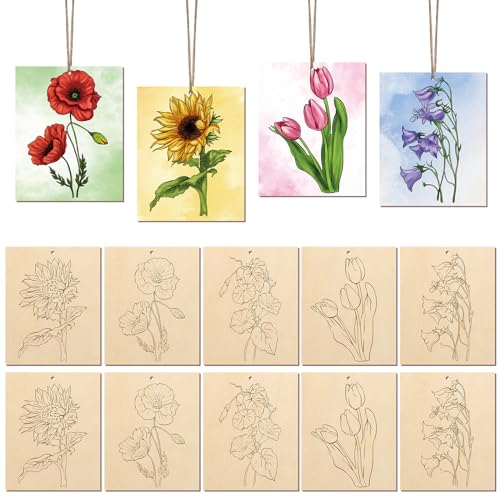 COCHIE 10 Pieces Large Flowers Unfinished Wood Crafts to Paint for Adults, Bulk Predrilled Wooden Ornaments for Painting, Tulips Flower Paintable Wood Slices Craft Supplies with Ropes - color: Flowers