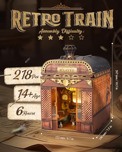 Book Nook Kit, 3D Wooden Puzzles for Adults, DIY Miniature House Kit for Adults, Booknook with LED Light, Gifts for Family, Friends and Book Lovers, Bookshelf Decor(Retro Train)