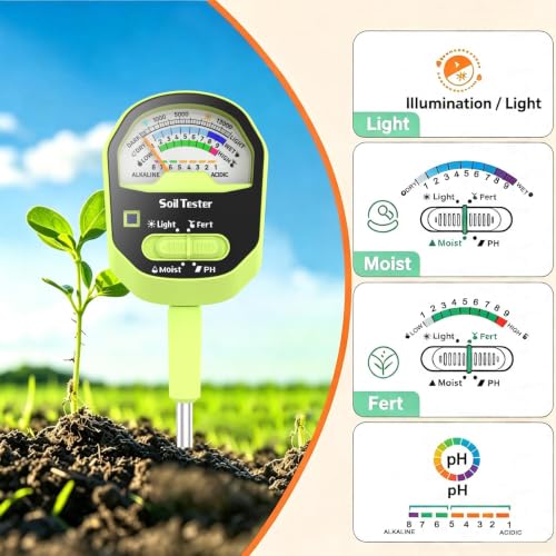 Soil Moisture Meter, 4-in-1 Soil PH Test, Soil Moisture, Fertility, Sunlight Intensity with Removable Probe, Large Dial Soil Test Kit