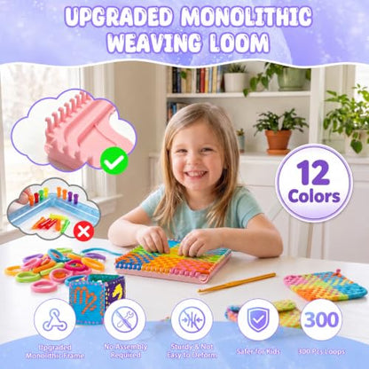 300 Pcs Weaving Loom Kit for Kids, Beginner Craft Kit with 12 Color Loops