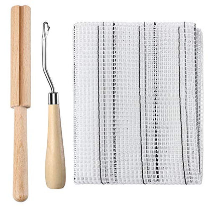 Chuangdi 3 Pieces Latch Hook Tool Kits, 19 x 59 Inch Wooden Bent Crochet Needle, Yarn Cutter, Rug Hooking Mesh Canvas Embroidery Crafts Supplies for Adults Beginner DIY Rug Carpet Tapestry Making
