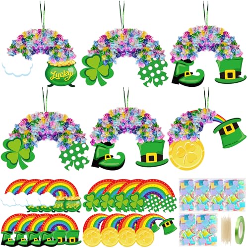 Cinrobiye 24Set St. Patrick's Day Crafts Irish Rainbow Poke Art Kit Mess-Free Arts and Crafts Hanging Ornaments for Home School DIY Art Project Activity Game Prizes Gift Exchange Shamrock Party Favors