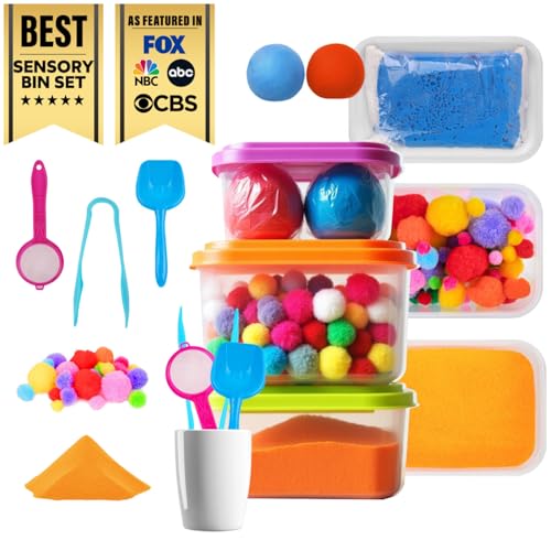 LOLO TOYS Sensory Kit for Toddlers and Kids - Includes 3 Bins with Lids, Play Tools, Sand, Feathers, Clay, Color Beads and Pom Poms Kids Box Fillers (Starter Set)