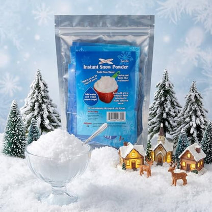 Instant Snow Powder - 20 Ind. Packs (10g) Makes Approx. 40 Cups Fluffy Fake Snow. Reusable, Non-Toxic, Perfect for Science Experiments, Holiday Decor, Sensory Play, Party Favors