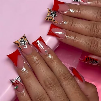Red French Tip Fake Nails Duck Mouth Press on Nails Medium Pink Full Cover Glue on Nail with Stars Charms Designs Acrylic False Nails Duck y2k Artificial Nails 24Pcs Stick on Nail for Women - color: Style-A17