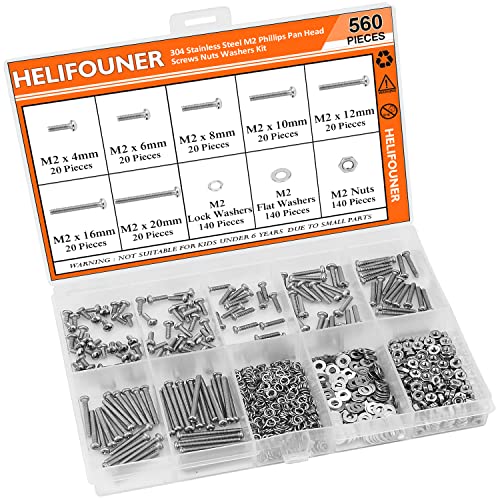 HELIFOUNER 560 Pieces M2 x 4mm /6mm /8mm /10mm /12mm /16mm /20mm, Phillips Pan Head Machine Screws, Metric Screws Bolts Washers Nuts Kit, 304 Stainless Steel - size: M2, style: Phillips Pan Head
