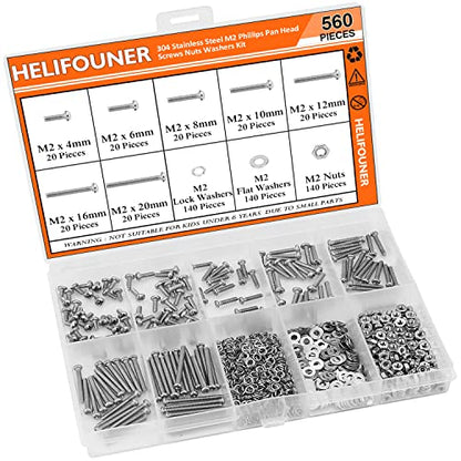 HELIFOUNER 560 Pieces M2 x 4mm /6mm /8mm /10mm /12mm /16mm /20mm, Phillips Pan Head Machine Screws, Metric Screws Bolts Washers Nuts Kit, 304 Stainless Steel - size: M2, style: Phillips Pan Head