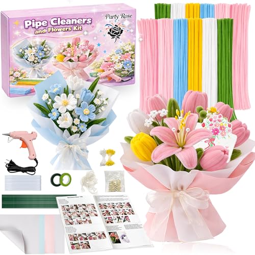 Party Rose 650PCS Pipe Cleaners Craft, Pipe Cleaner Bulk Flower Kit, 6 Colors Chenille Stems Flower Making Kit with Floral Wires, Gardening Tape, Stamens