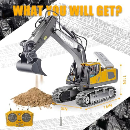 KIZJORYA Remote Control Excavator, Toys for Boys Age 6-12, Rechargeable 11 CH RC Construction Vehicles Truck with Sound Light Metal Shovel, Birthday for Kids 7 8 9 10+ Year Old(2.4 GHz) - style: real remote control Excavator