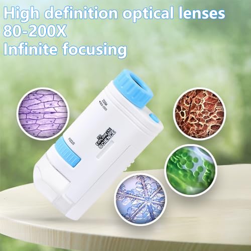 Microscope Pocket Handheld Miniscope 80X-200X Portable Microscope with LED Light for Learning Education Exploring (Blue)