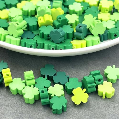 100Pcs St. Patrick's Day Shamrocks Handmade Polymer Clay Beads, Luck Clover Prints Polymer Clay Spacer Beads for Women Jewelry Making DIY Charms Bracelet Necklace Hair Clip Accessories Handmade Craft - color: 4sanyecao