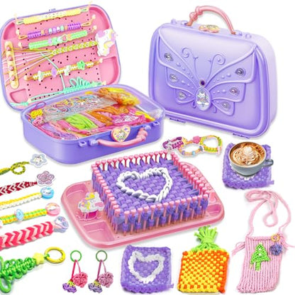 Souroyea Weaving Loom Kit Toys, 6-in-1 Friendship Bracelet Craft Making Kits for Kids, Gifts for Girls Ages 5 6 7 8-12, Easy Potholder Loom Knitting Activity for Beginners - color: Purple