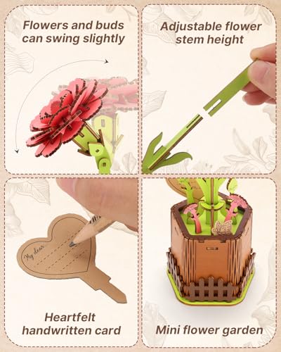 Kaayee 3D Wooden Flower Puzzles Carnation, Wood Flowers Craft for Adults - color: Carnation