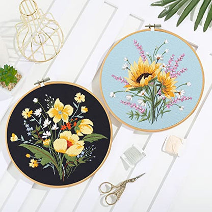Santune 3 Pack Flower Embroidery Kit for Beginners Adults Cross Stitch Needlepoint Kits Hand Craft with Plant Patterns,3 Instructions,1 Hoop,Threads and 6 Needles - color: Tricolor Blooms