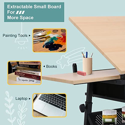 ZENY Drafting Table Art Desk Drawing Table Height Adjustable Artist Table with Tilted Tabletop, Drafting Stool and Storage Drawer for Reading, Writing, Crafting, Painting Art - color: Brown