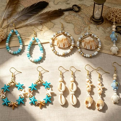 1770Pcs Ocean Theme Beads Kit for Jewelry Making, Blue White Summer Beach Seashell Charms Sea Turtle Starfish Shape Beads 4mm Sea Glass Chips for DIY Bracelets Necklace Anklet Earrings Keychain Crafts - color: Beige-Brown