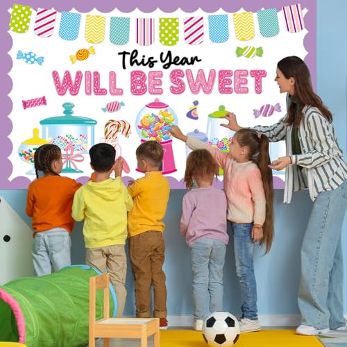 QOUBAI Candy Bulletin Board Set Sweet Theme Classroom Bulletin Board Decorations Pink Gumball Machine Cutouts Classroom Decorations for Back to School Office Home Chalkboard Decor Wall Door - style: Candy