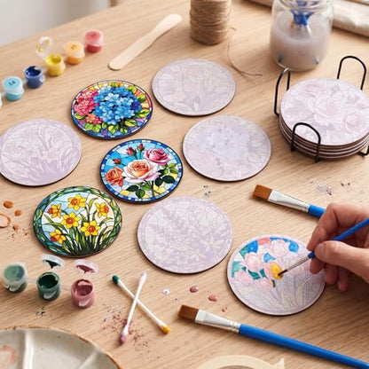 Reallnaive 16 Pcs Flower Paint by Numbers Kit for Adults Wood Floral Coaster - style: Floral