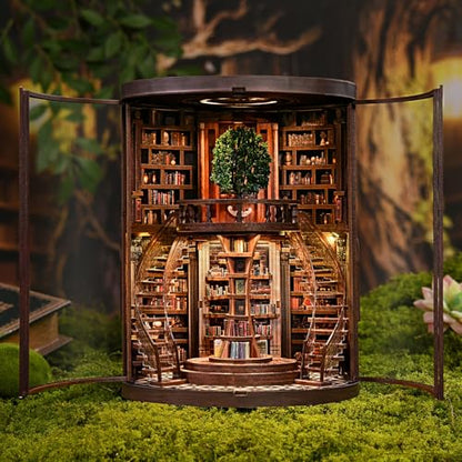 DIY Book Nook Kit with LED Light, Miniature Dollhouse, 3D Wooden Puzzle, Bookshelf Insert Decor Craft Gift (Wisdom Rings Book Repository) - style: Wisdom Rings Book Repository