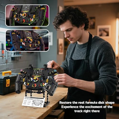 Racing Simulator Steering Wheel Building Set, Mechanical Formula Sim Cars Driving Collectible Model Kit with Moving Parts & Phone Holder for Boys 14+ Adults (Style 2) - color: Black