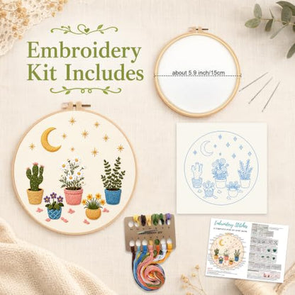 Nuberlic Potted Plant Embroidery Kit for Beginners - color: Botanical