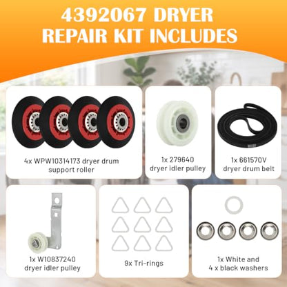 4392067 Dryer Repair Kit with W10837240 Dryer Idler Pulley, Fit for whirlpool Cabrio maytag Bravos XL kenmore Dryer, Includes WPW10314173 Drum Roller, 661570V Belt, 279640 Idler Pulley