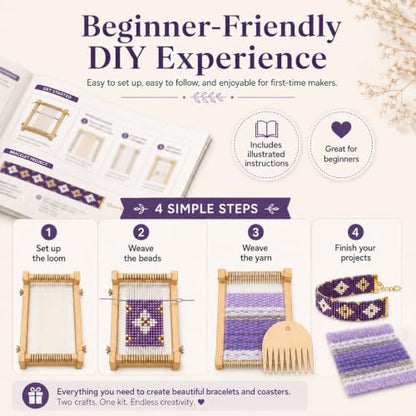 TMEGMIC 2-in-1 Wooden Bead Loom Kit, Bracelet and Coaster Weaving Kit with - color: Lavender Purple Kit