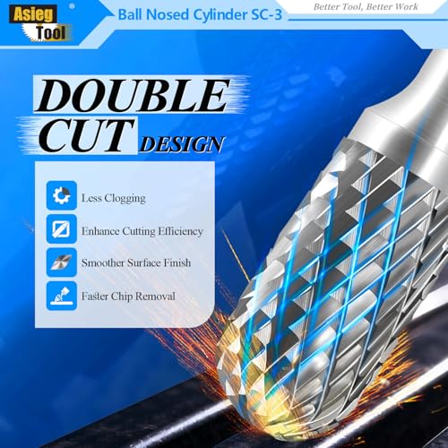 SC-3 Tungsten Carbide Burr Rotary File Cylindrical Ball Nose End Shape Double Cut for Die Grinder Drill Bits 1/4'' Inch Diameter of Shank and 3/8'' Inch Diameter of Cutter 3/4'' Inch Cutter Length - style: SC-3